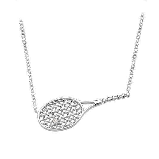 Necklace-Sterling Silver Tennis Racket 16" Sterling Silver Chain with 3" Extender, .015 Carats Lab Grown Diamond