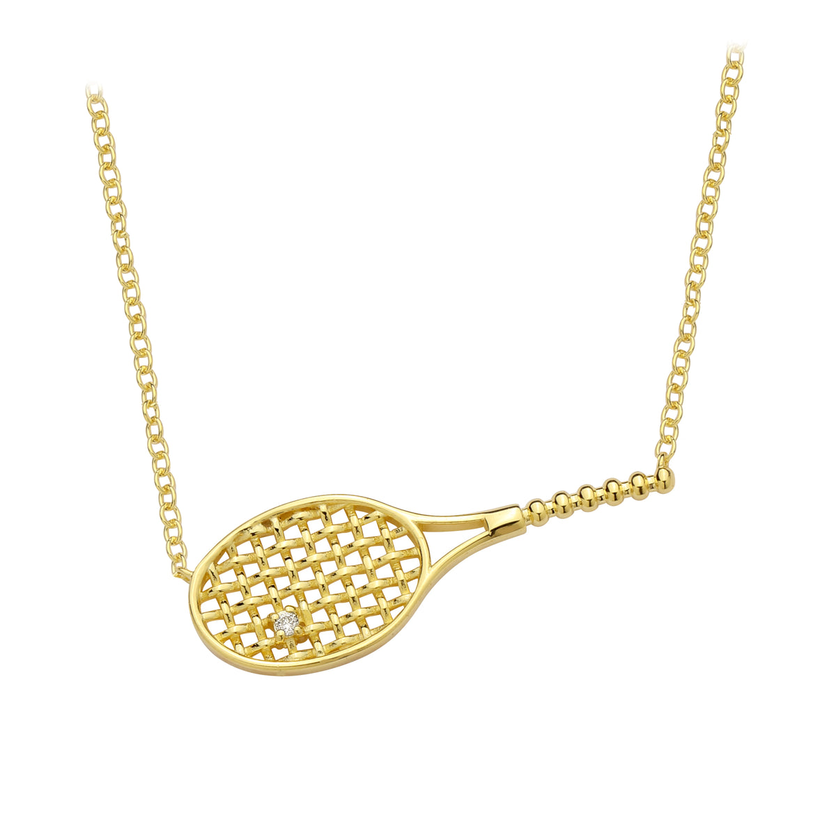 Necklace-Sterling Silver Tennis Racket Gold Plated 16" Sterling Silver Chain with 3" Extender, .015 Carats Lab Grown Diamond