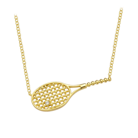 Necklace-Sterling Silver Tennis Racket Gold Plated 16" Sterling Silver Chain with 3" Extender, .015 Carats Lab Grown Diamond