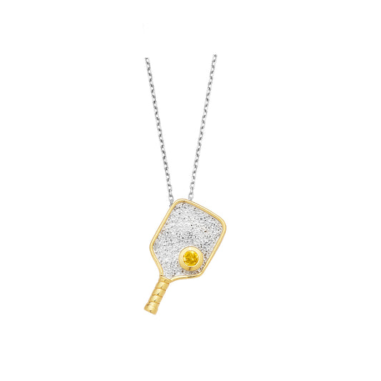 Necklace-Sterling Silver Two-Tone Rhodium & Gold-Filled Pickleball Paddle 18" Rolo Chain, Pendant with Citrine Gemstone