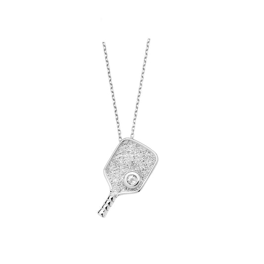 Necklace-Sterling Silver Pickleball Textured Paddle 18" Sterling Silver Chain and Genuine White Topaz