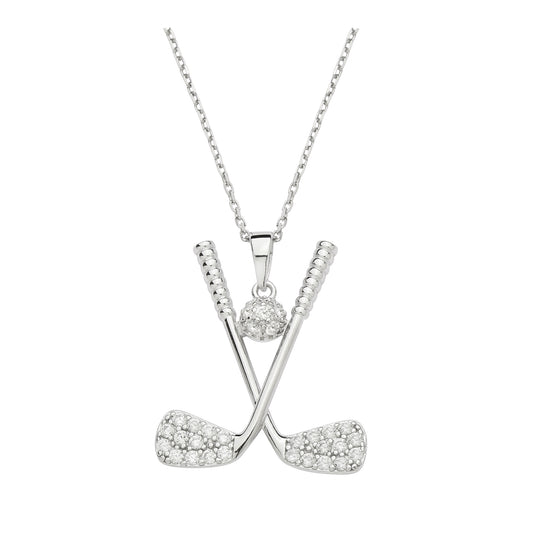 Necklace-Sterling Silver Golf Ball & Clubs 18" Chain, Pendent with CZ's