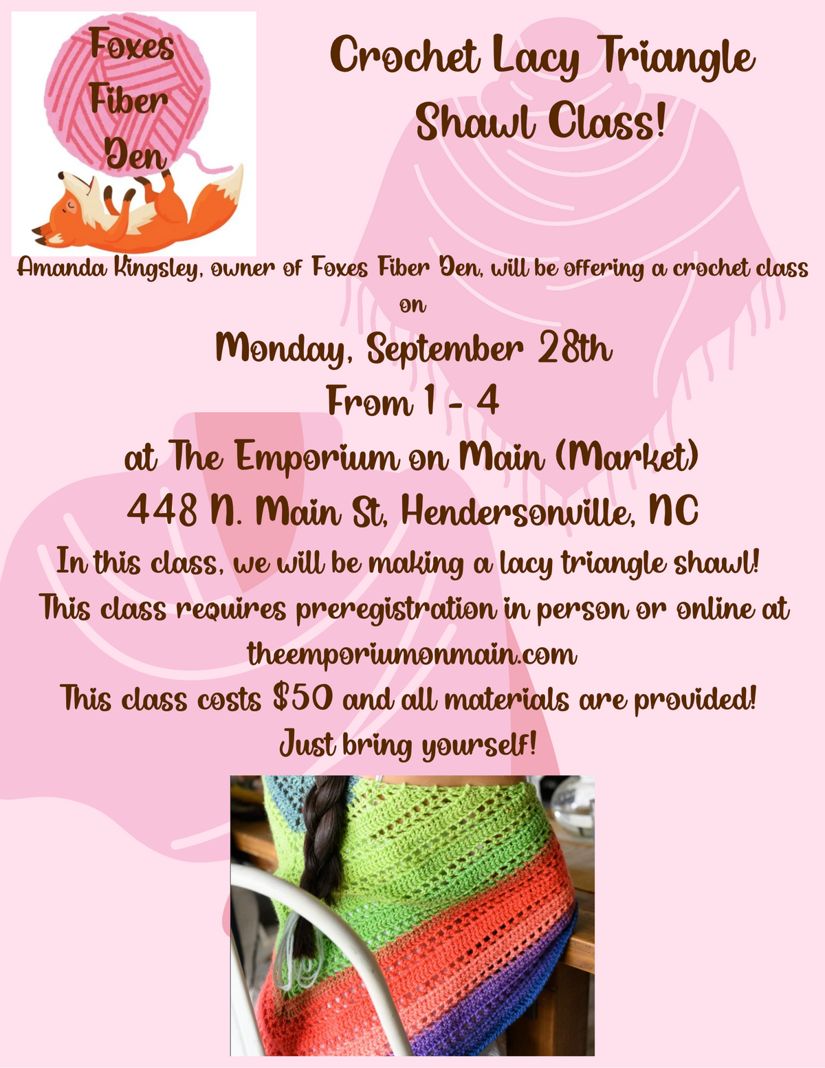 Workshop/Classes Foxes Fiber Den September 28th Shawl Clas