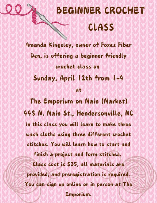 Workshop/Classes Foxes Fiber Den Beginner Wash Cloth April Crochet Class