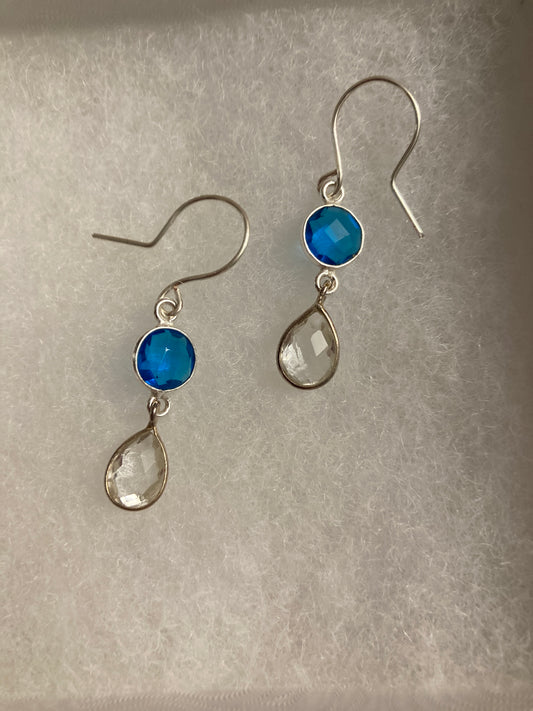 Blue and Clear Quartz Sterling Silver Bezel Earrings Bellajules 1” Drop