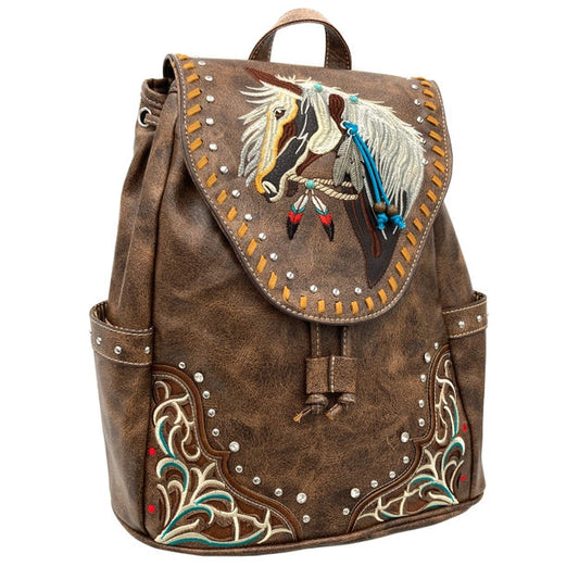 Embroidered Horse Backpack Purse Brown