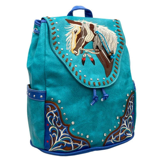 Embroidered Horse Backpack Purse Turq